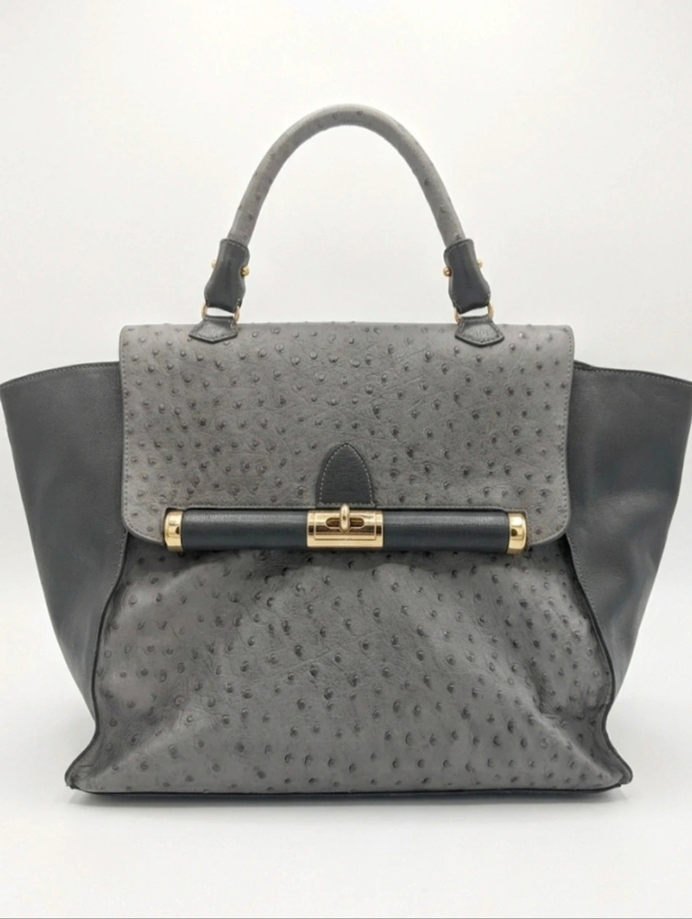 XL Gray Ostrich-Embossed Leather Satchel Handbag, Made in Italy